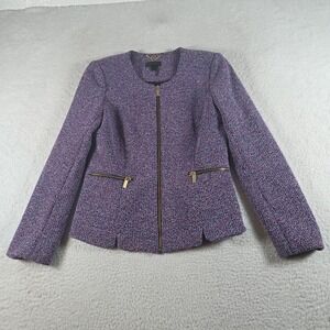 Donna Karan Boucle Tweed Full Zip Jacket size 8 Luxury Purple Gold Shoulder Pads